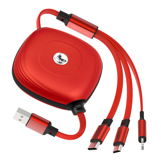 DA-R3001: Digital Ant 3 Retractable Charging Cable 3 Tips in 1 with 7 Adjustable Lengths, Red-1 Pack (Red, Charging Only)