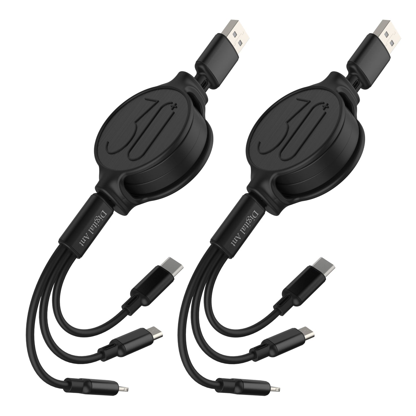 DA-B3001B: (Twin Pack) Digital Ant Retractable Charging Cables, 3 Tips in 1 and with 5 Adjustable Lengths (Black, Charging Only)