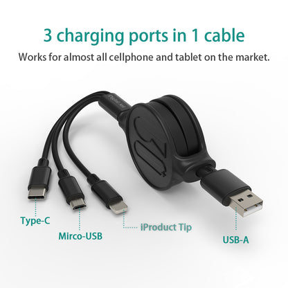 DA-B3001B: (Twin Pack) Digital Ant Retractable Charging Cables, 3 Tips in 1 and with 5 Adjustable Lengths (Black, Charging Only)