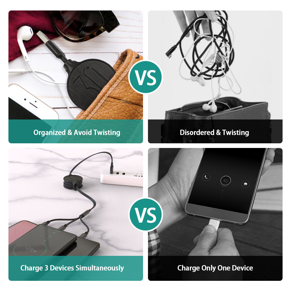 DA-B3001: Digital Ant Retractable Charging Cable, 3 Tips in 1 and with 5 Adjustable Lengths (Black, Charging Only)