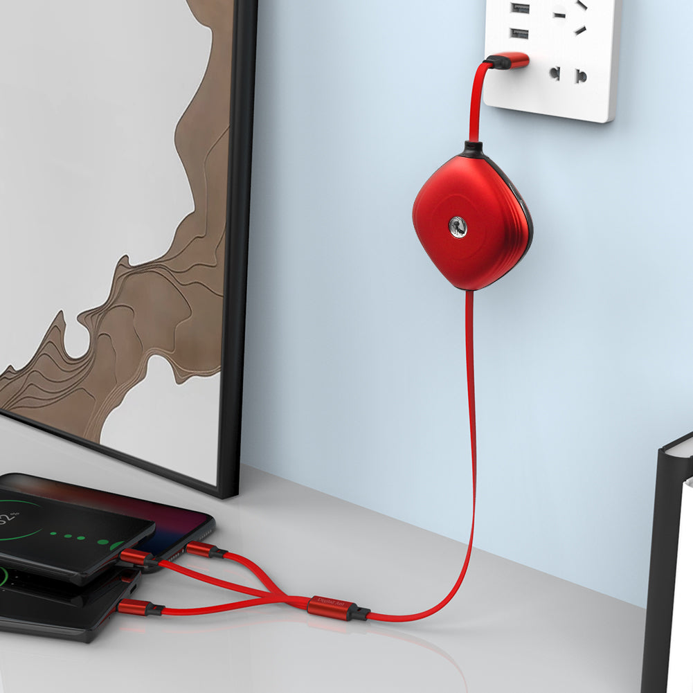 DA-R3001: Digital Ant 3 Retractable Charging Cable 3 Tips in 1 with 7 Adjustable Lengths, Red-1 Pack (Red, Charging Only)