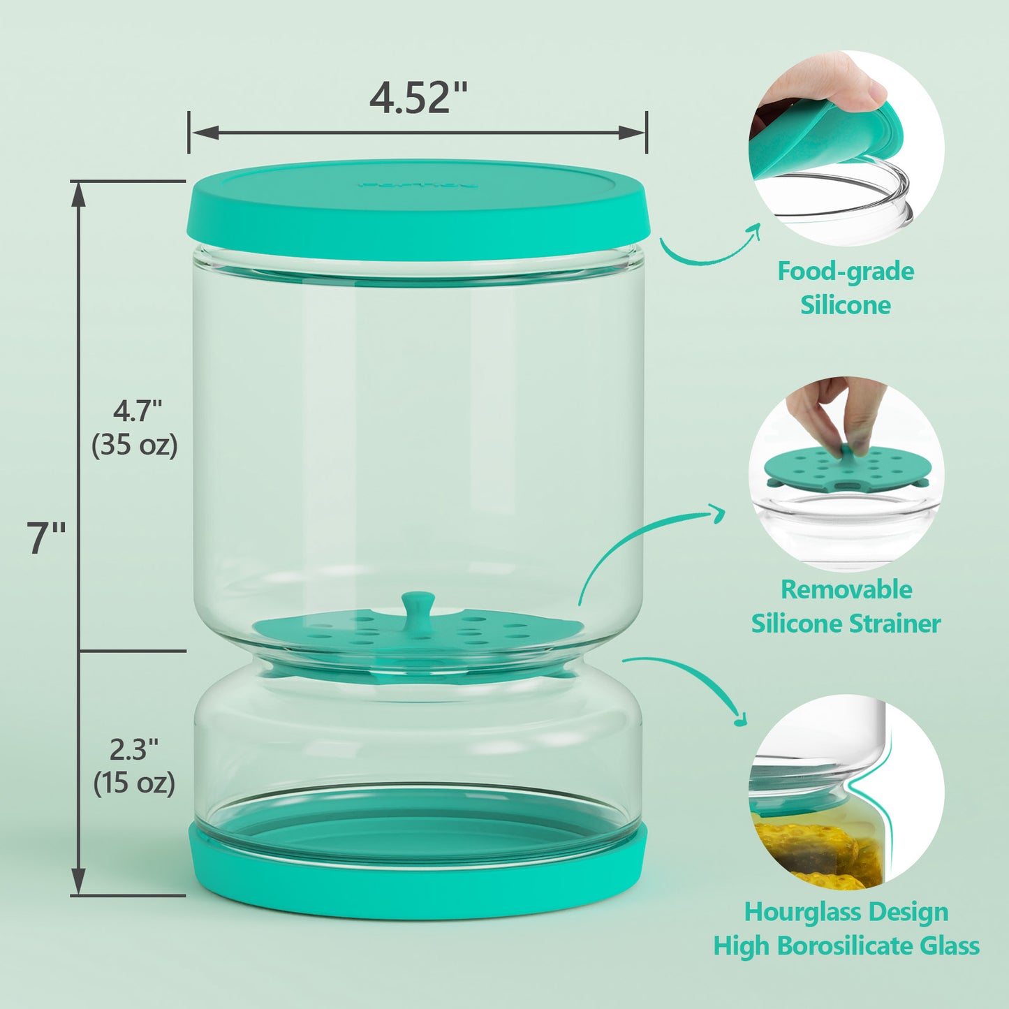 FORTIDY Glass Pickle Jar with Strainer Flip - Airtight Pickle Container, 50.72oz Kitchen Organization Must-Have Versatile Hourglass Jar, BPA Free, Dishwasher Safe