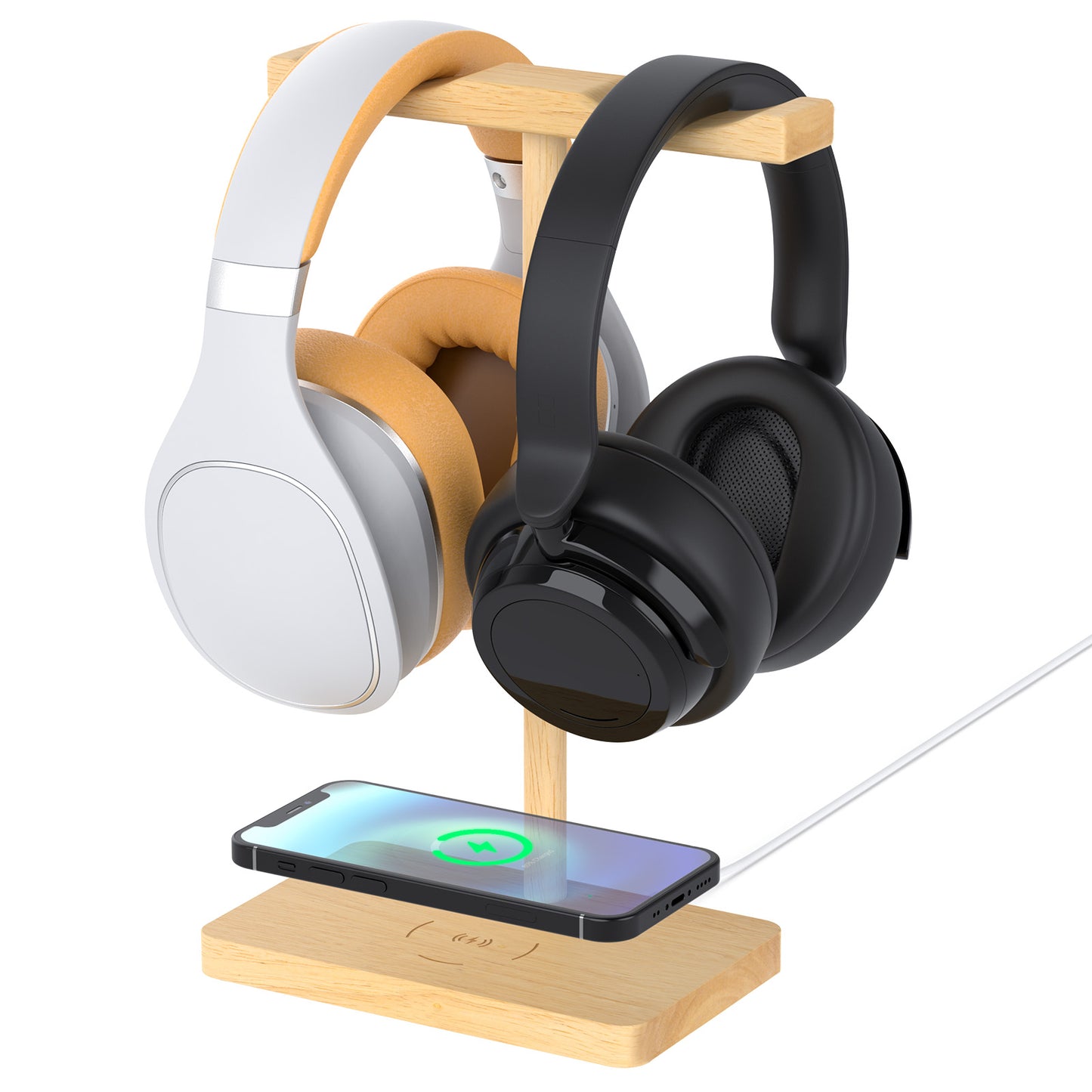 ForTidy Headphone Stand Wood for Desk with Wireless Charger Gaming Headset Stand Holds Dual Universal VR Headset and Smart Watch,Support 15W Fast Charging, Type-C Cord Included (Brown Walnut)