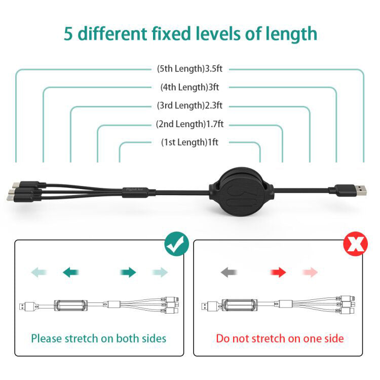 DA-B3001: Digital Ant Retractable Charging Cable, 3 Tips in 1 and with 5 Adjustable Lengths (Black, Charging Only)