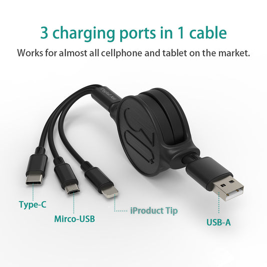 DA-B3001: Digital Ant Retractable Charging Cable, 3 Tips in 1 and with 5 Adjustable Lengths (Black, Charging Only)