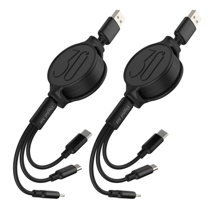 DA-B3001B: (Twin Pack) Digital Ant Retractable Charging Cables, 3 Tips in 1 and with 5 Adjustable Lengths (Black, Charging Only)