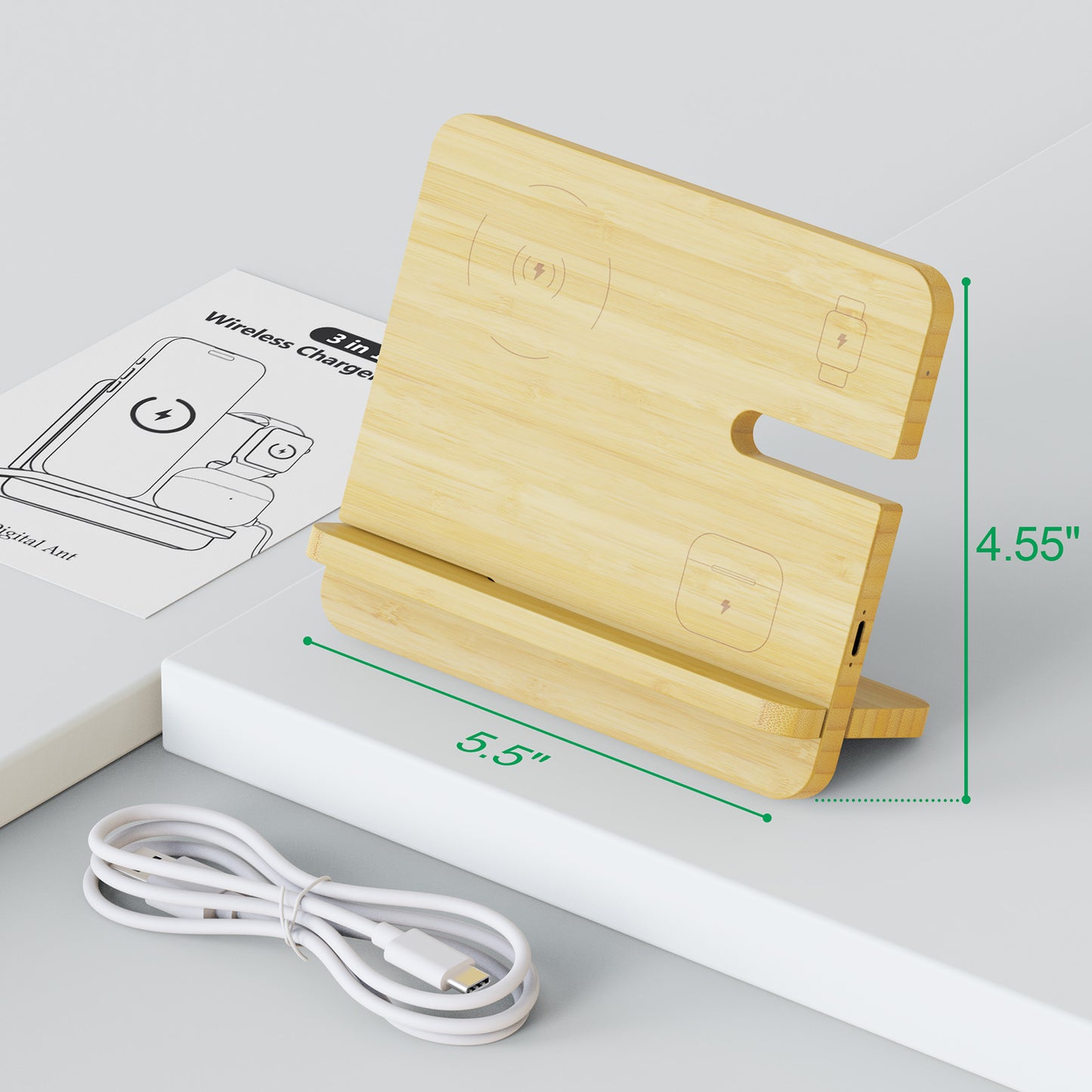 Digital Ant 3 in 1 Wireless Charging Station Works for iPhone, Airpods, iWatch and Other Qi-Enabled Phones, Smart Watches and Earbuds, Portable Charger Station Supports Fast Charging, Detachable