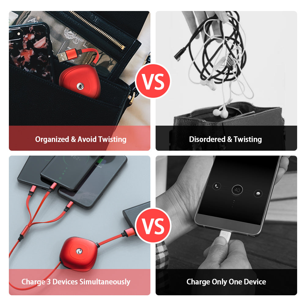 DA-R3001B: Digital Ant Retractable Charging Cable 3 Tips in 1 with 7 Adjustable Lengths, Red-1 Pack (Red, Twin Pack, Charging Only)