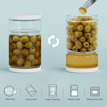 FORTIDY Glass Pickle Jar with Strainer Flip for Pickle Lover - Leakproof Airtight Juice Separator for Olive, Gherkin or Chilli, BPA Free, Dishwasher and Refrigerator Safe