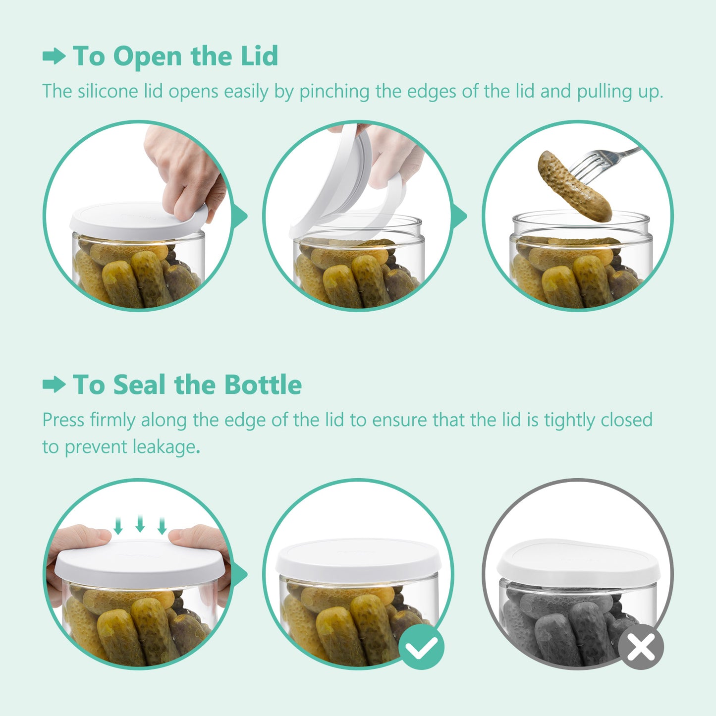 FORTIDY Glass Pickle Jar with Strainer Flip for Pickle Lover - Leakproof Airtight Juice Separator for Olive, Gherkin or Chilli, BPA Free, Dishwasher and Refrigerator Safe