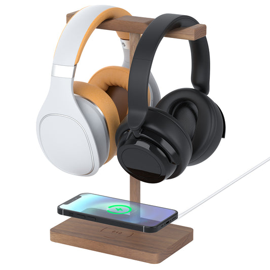 ForTidy Headphone Stand Wood for Desk with Wireless Charger Gaming Headset Stand Holds Dual Universal VR Headset and Smart Watch,Support 15W Fast Charging, Type-C Cord Included (Brown Walnut)