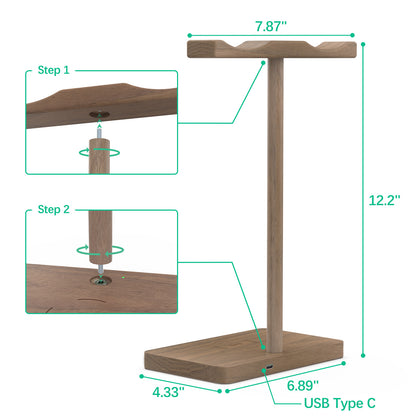 ForTidy Headphone Stand Wood for Desk with Wireless Charger Gaming Headset Stand Holds Dual Universal VR Headset and Smart Watch,Support 15W Fast Charging, Type-C Cord Included (Brown Walnut)