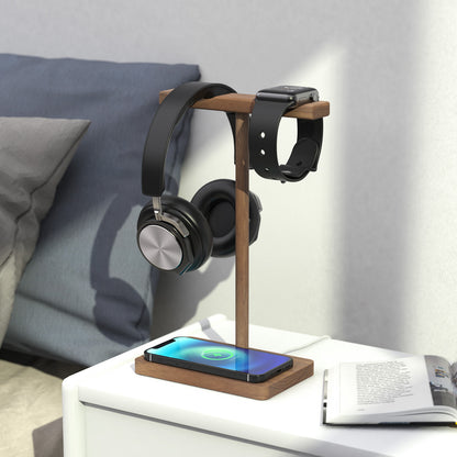 ForTidy Headphone Stand Wood for Desk with Wireless Charger Gaming Headset Stand Holds Dual Universal VR Headset and Smart Watch,Support 15W Fast Charging, Type-C Cord Included (Brown Walnut)